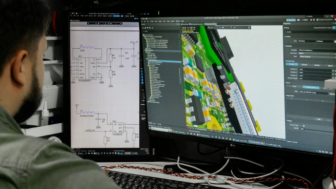 Man looking at circuit board design on computer screen.